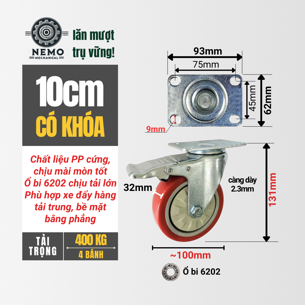 Bánh Xe PP Đỏ Cao Cấp – Nhựa Kỹ Thuật, Ổ Bi 6202 Chịu Tải (D75, D100)
